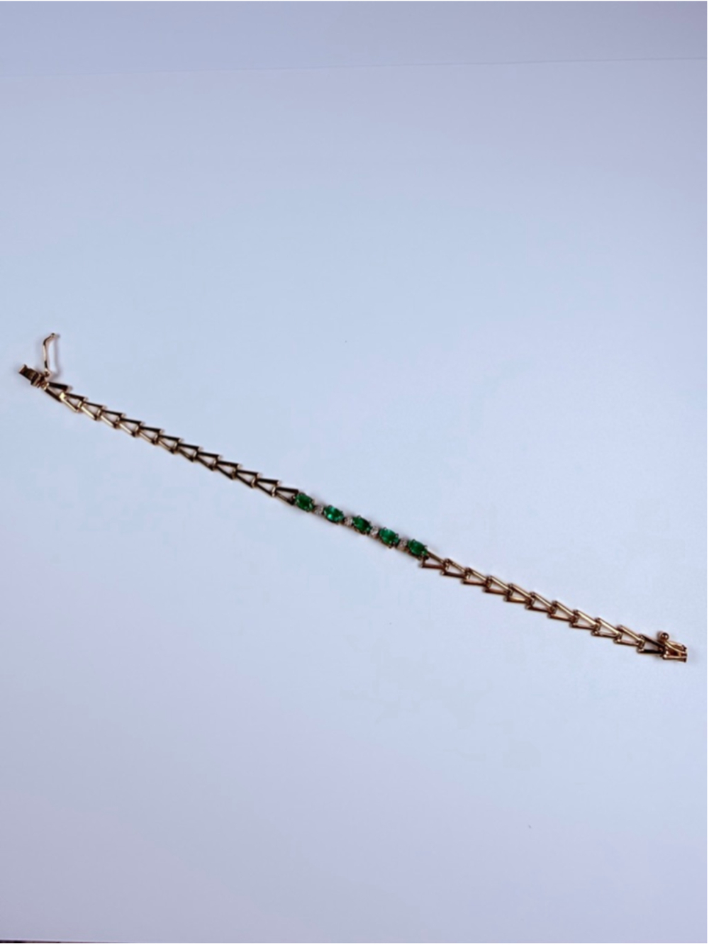 14K Solid Yellow Gold Emerald & Diamond VTG Chevron Arrow Link Tennis Bracelet - Picture 8 of 12
